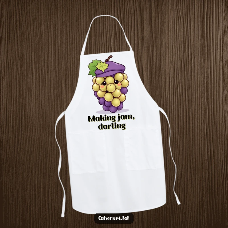 Funny grape cluster wearing a tiny stylish beret, featured on a kitchen apron, perfect for a humorous cooking experience as a funny gift.