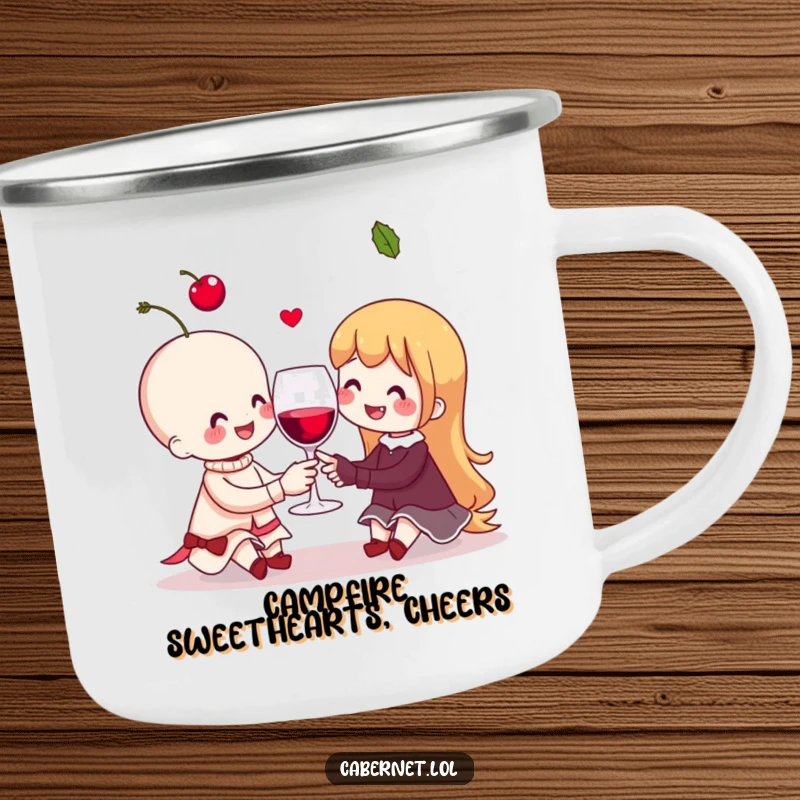 Funny cheerful cherry couple sharing a tiny invisible wine glass on a camping mug, designed for cheerful outdoor humor as a funny gift.