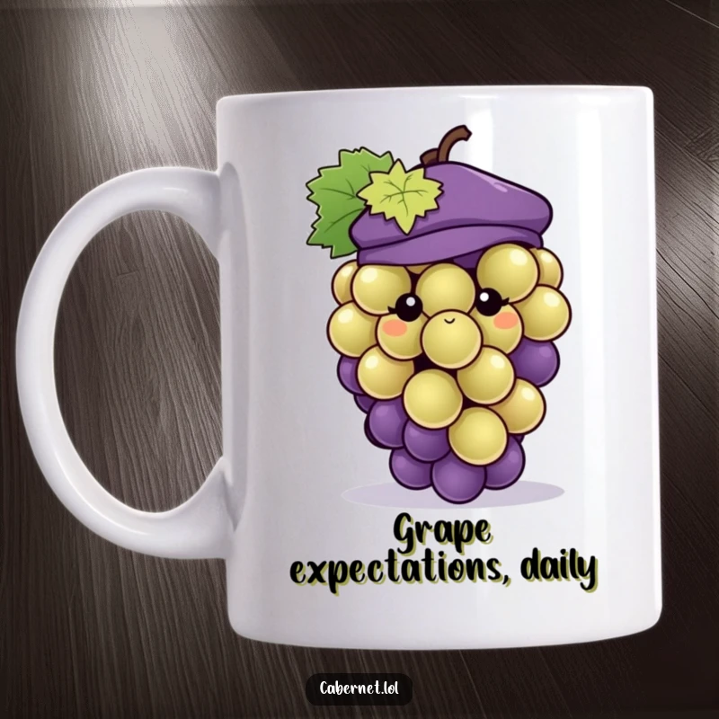 Funny grape cluster wearing a tiny stylish beret, looking chic and sophisticated on a mug, perfect for a funny gift.