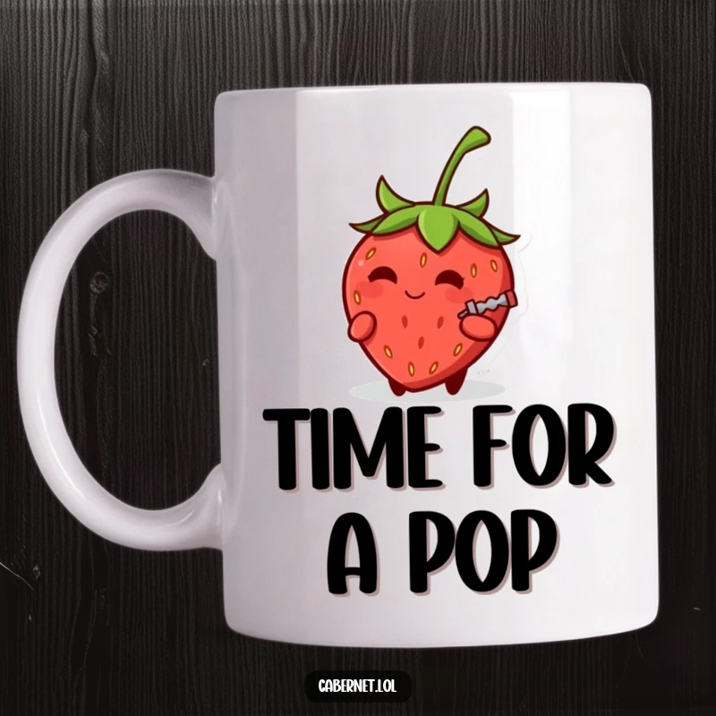 Funny small round strawberry with a knowing smirk holding a tiny corkscrew on a mug, ready for fun with humor for a funny gift.