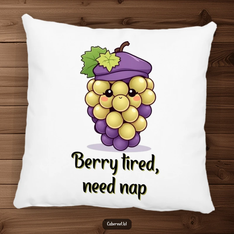 Funny grape cluster with a tiny fashionable beret, depicted on a cozy pillow, offering a humorous and cute touch for a funny gift.