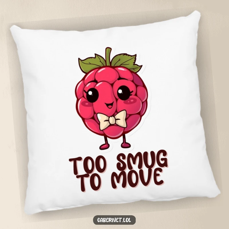 Funny plump raspberry with a tiny bowtie, looking smug on a pillow, offering dapper and humorous decor for a funny gift.
