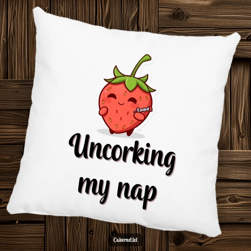 Funny small round strawberry with a knowing smirk holding a tiny corkscrew on a pillow, offering cozy and cheeky humorous decor as a funny gift.