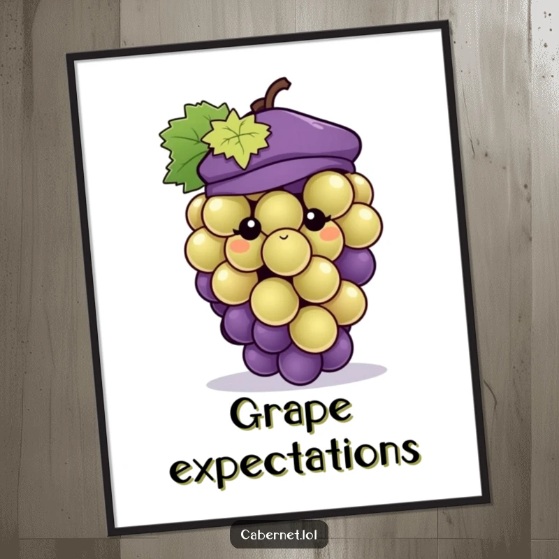 Funny grape cluster wearing a tiny chic beret, presented as digital art, offering instant humorous decor for a funny gift.