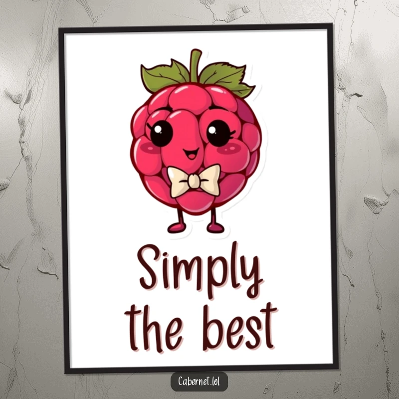 Funny plump raspberry wearing a tiny bowtie and looking smug, presented as digital art, offering instant dapper decor for a funny gift.