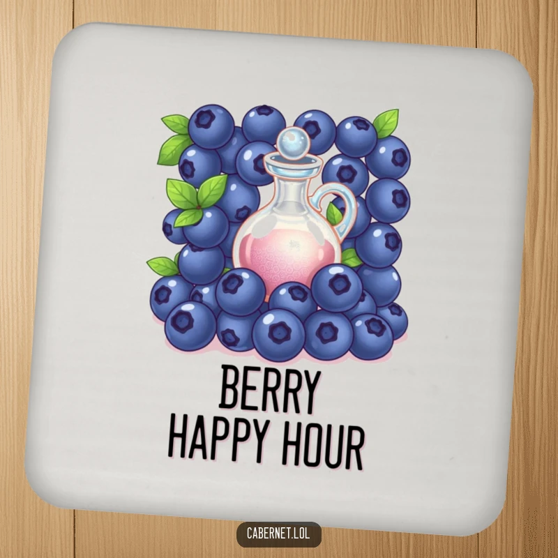 Funny succulent blueberries gathered around a tiny decanter on a drink coaster, adding elegant and humorous protection to tables as a funny gift.