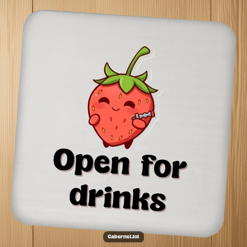 Funny small round strawberry with a knowing smirk holding a tiny corkscrew on a drink coaster, adding cheeky and humorous protection to tables as a funny gift.