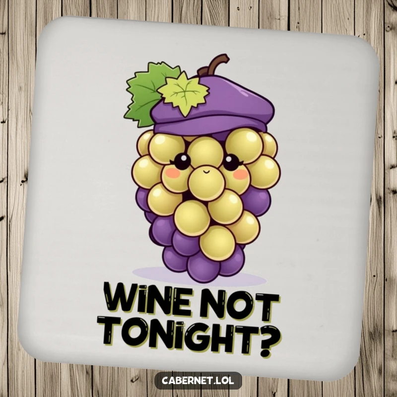 Funny grape cluster wearing a tiny stylish beret, depicted on a drink coaster, adding a humorous and chic touch for a funny gift.