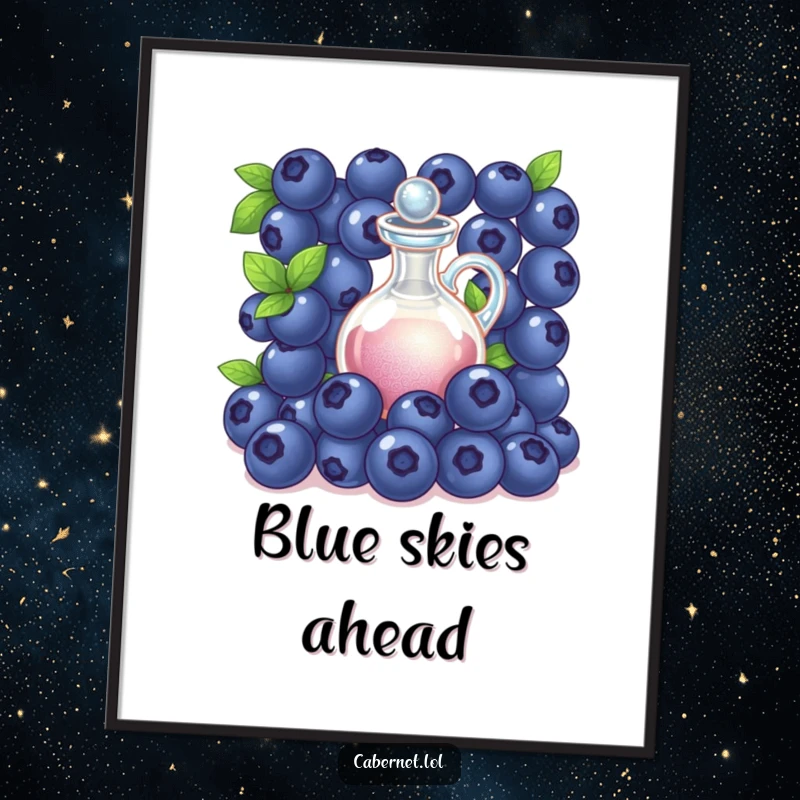Funny succulent blueberries gathered around a tiny shimmering decanter, illustrated on a poster for elegant and humorous wall art as a funny gift.