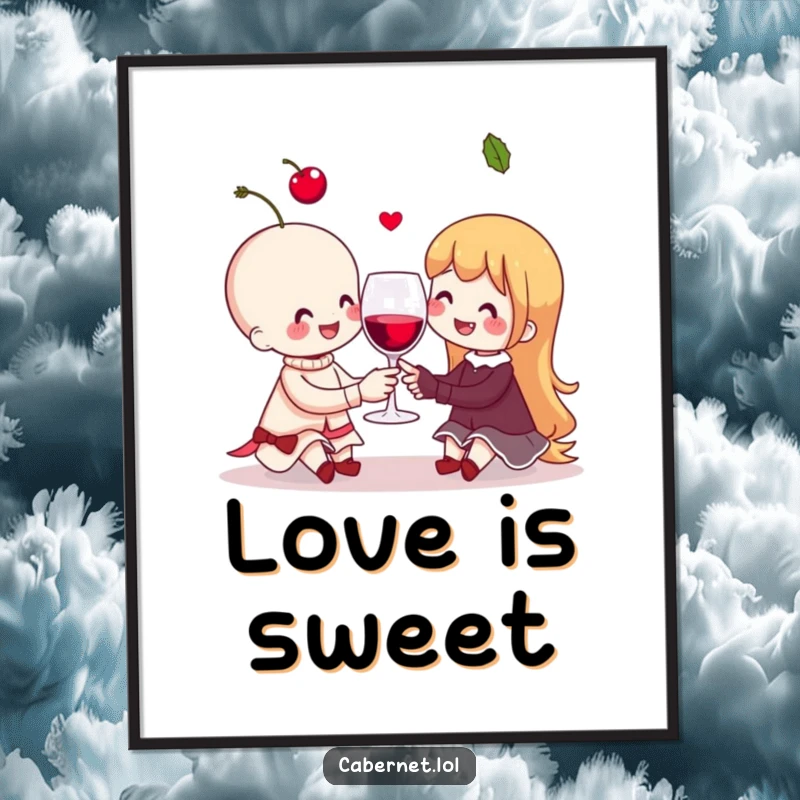 Funny cheerful cherry couple sharing a tiny invisible wine glass, illustrated on a poster for cheerful and humorous wall decor as a funny gift.