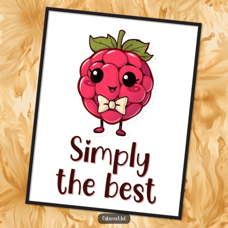 Funny plump raspberry wearing a tiny bowtie and looking smug, illustrated on a poster for dapper and humorous wall art as a funny gift.