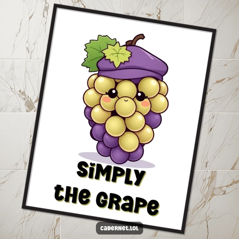 Funny grape cluster wearing a tiny stylish beret, beautifully illustrated on a poster, adding humor to wall art as a funny gift.