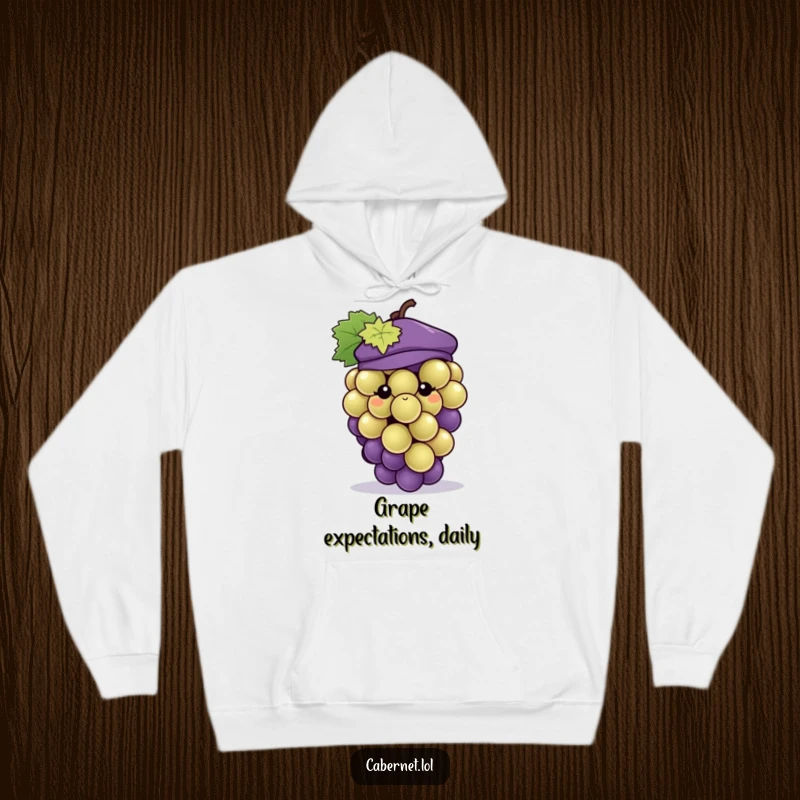 Funny grape cluster wearing a tiny chic beret, depicted cozily on a hoodie, ideal for a funny gift.