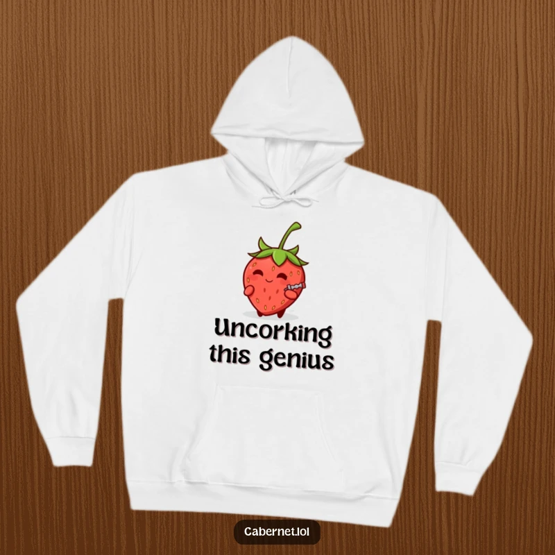 Funny small round strawberry with a knowing smirk holding a tiny corkscrew, depicted on a cozy hoodie for a party-ready funny gift.