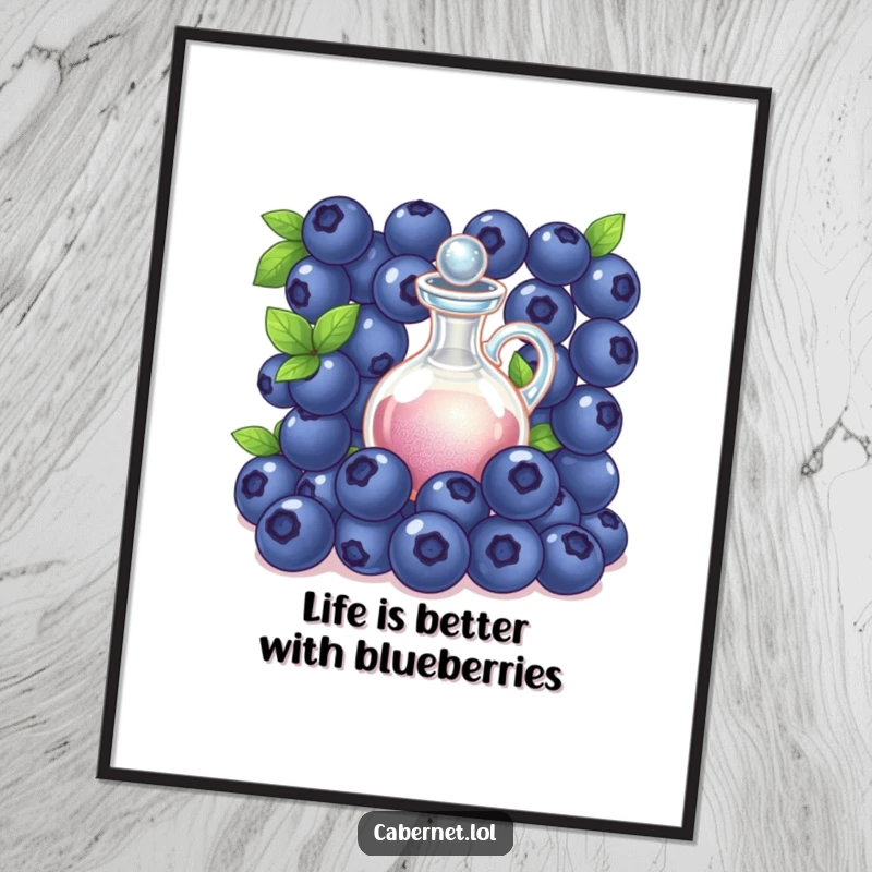 Funny Free Printable Wall Art: A group of succulent blueberries gathered around a shimmering decanter, suggesting a fun, celebratory mood.