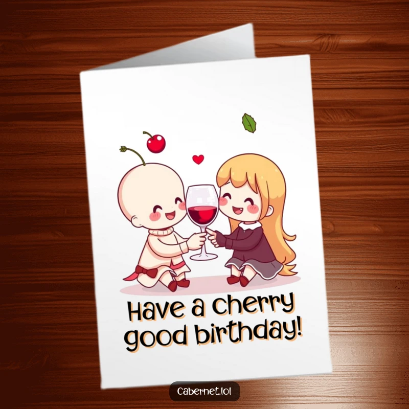 Funny Free Printable Birthday Card: Cheerful cherry couple toasting with an invisible wine glass, celebrating a birthday with joy.