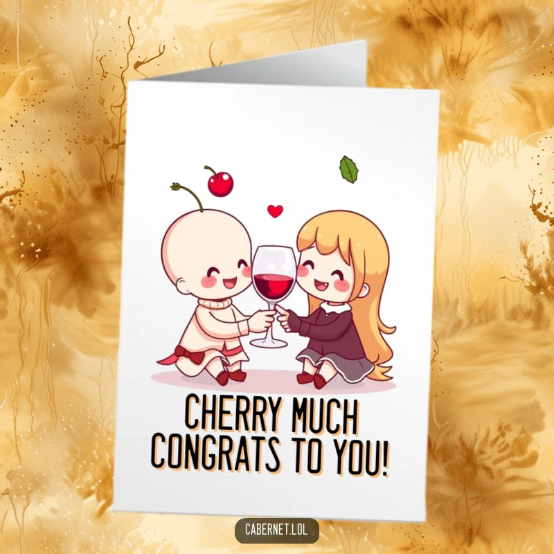 Funny Free Printable Congrats Card: A happy cherry couple sharing a toast, celebrating achievements with infectious cheer and humor.