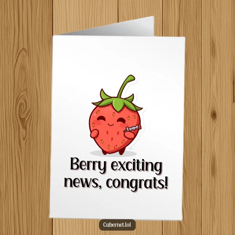 Funny Free Printable Congrats Card: A strawberry with a knowing smirk holding a corkscrew, celebrating achievements with clever wit.