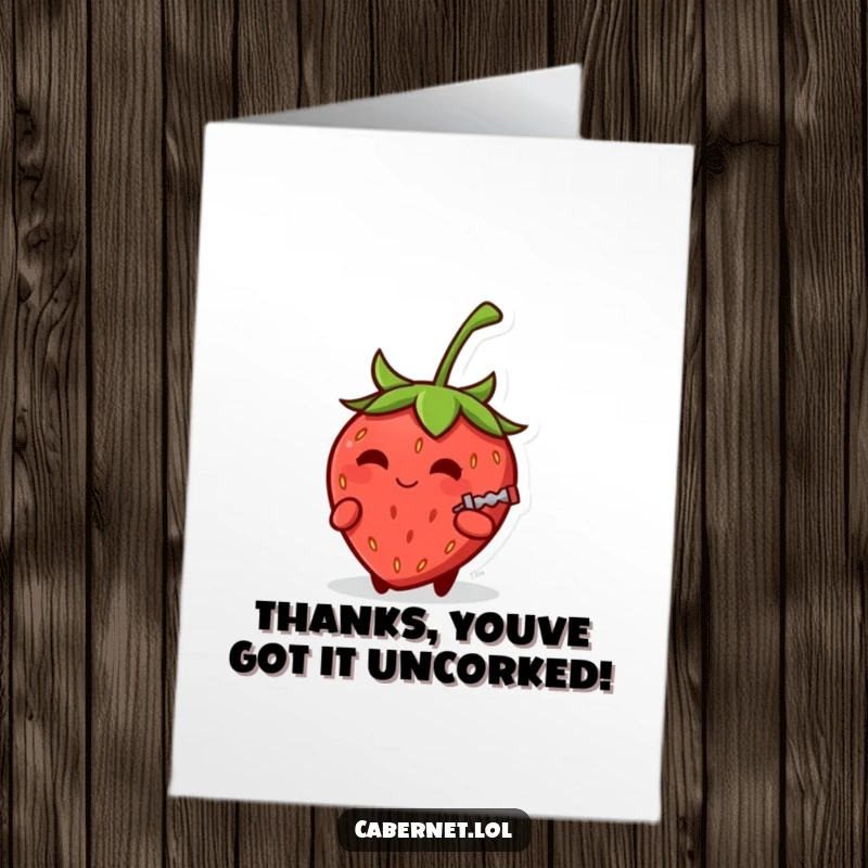 Funny Free Printable Thank You Card: A round strawberry with a knowing smirk, holding a corkscrew, offering thanks with a playful wink.