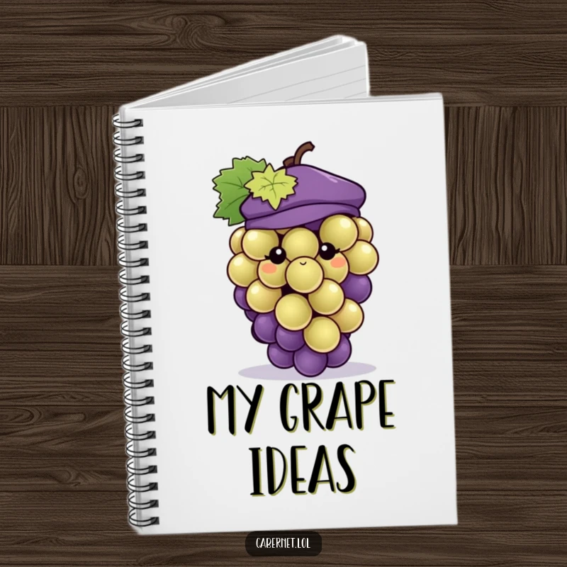 Funny grape cluster wearing a tiny beret, beautifully illustrated on a notebook cover, inspiring creative thoughts with humor as a funny gift.