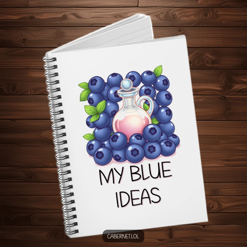 Funny succulent blueberries gathered around a tiny decanter on a notebook cover, inspiring sophisticated and humorous thoughts as a funny gift.
