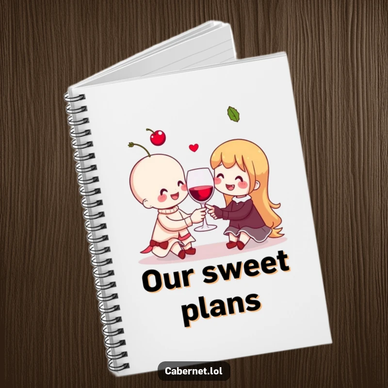 Funny cheerful cherry couple sharing an invisible wine glass on a notebook cover, inspiring happy thoughts with humor as a funny gift.