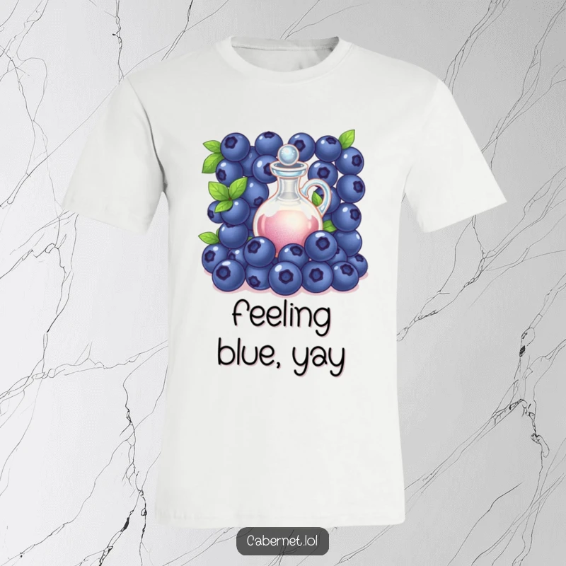 Funny succulent blueberries clustered around a tiny decanter on a t-shirt, showcasing refined humor for a funny gift.