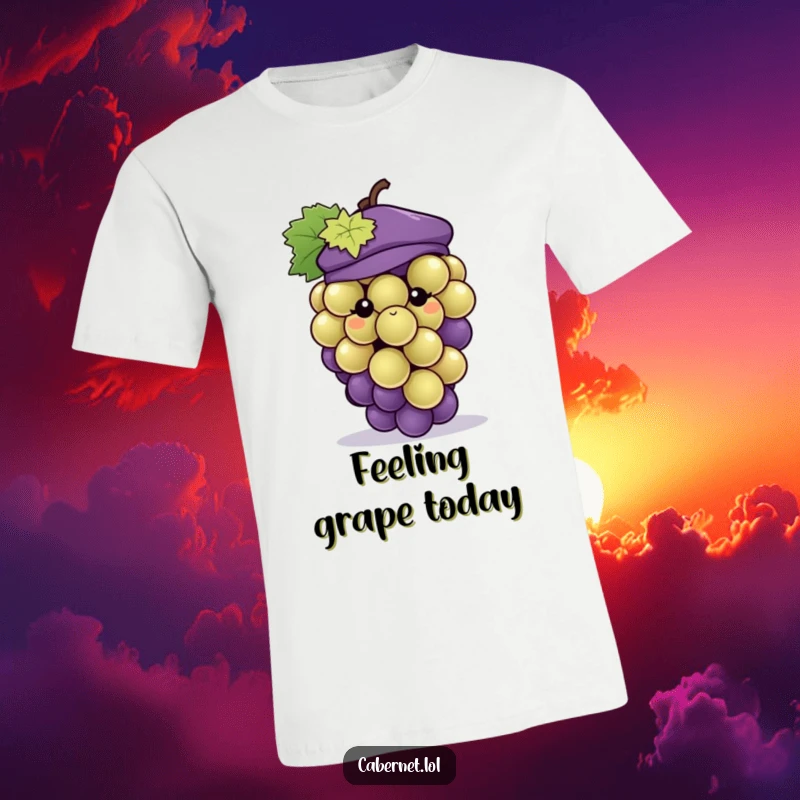 Funny cute plump grape cluster sporting a tiny stylish beret on a t-shirt, exuding charm and humor for a funny gift.