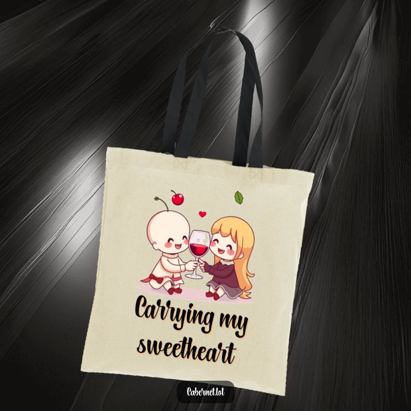 Funny cheerful cherry couple sharing an invisible wine glass on a tote bag, bringing smiles and humor for a funny gift.